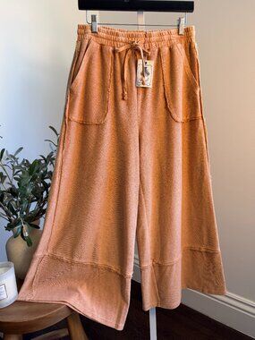 EASEL MINERAL WASHED TERRY KNIT PALAZZO PANTS 100% COTTON